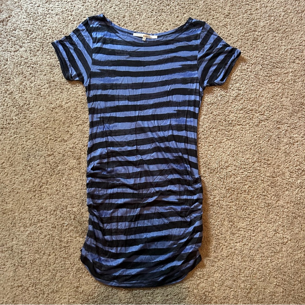 NWOT Rachel Roy Blue and Black Striped Short Sleeve Ruched Tshirt Dress Large